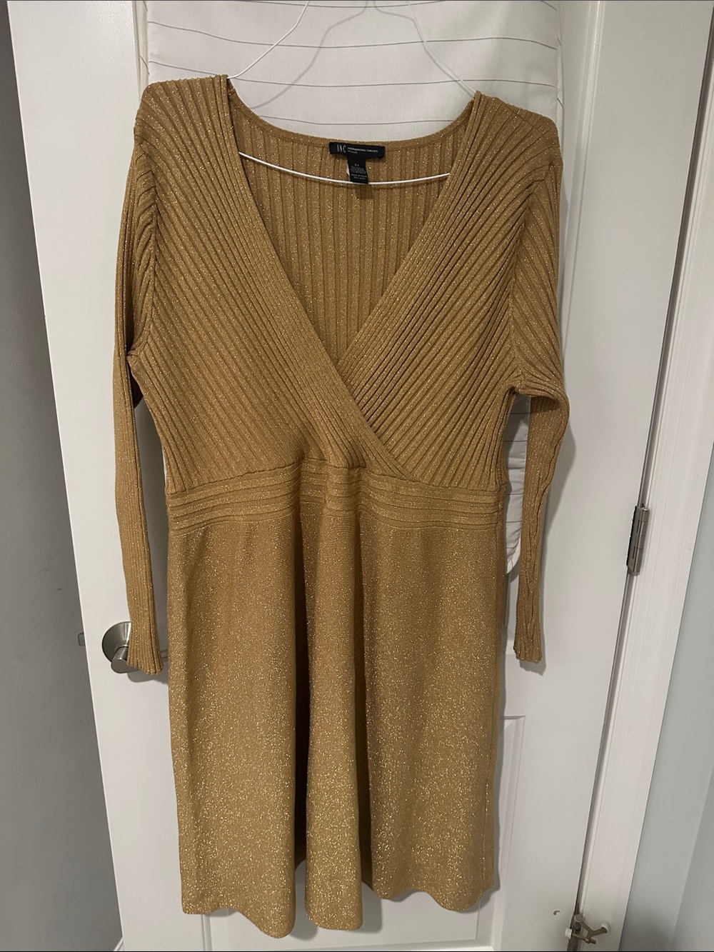INC International Concepts Gold Metallic Ribbed V-Neck Long Sleeve Dress